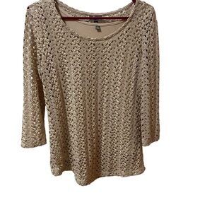JM Collection Tan Crocheted Top w/ Camisole Lining 3/4 Sleeve Size Petite Large